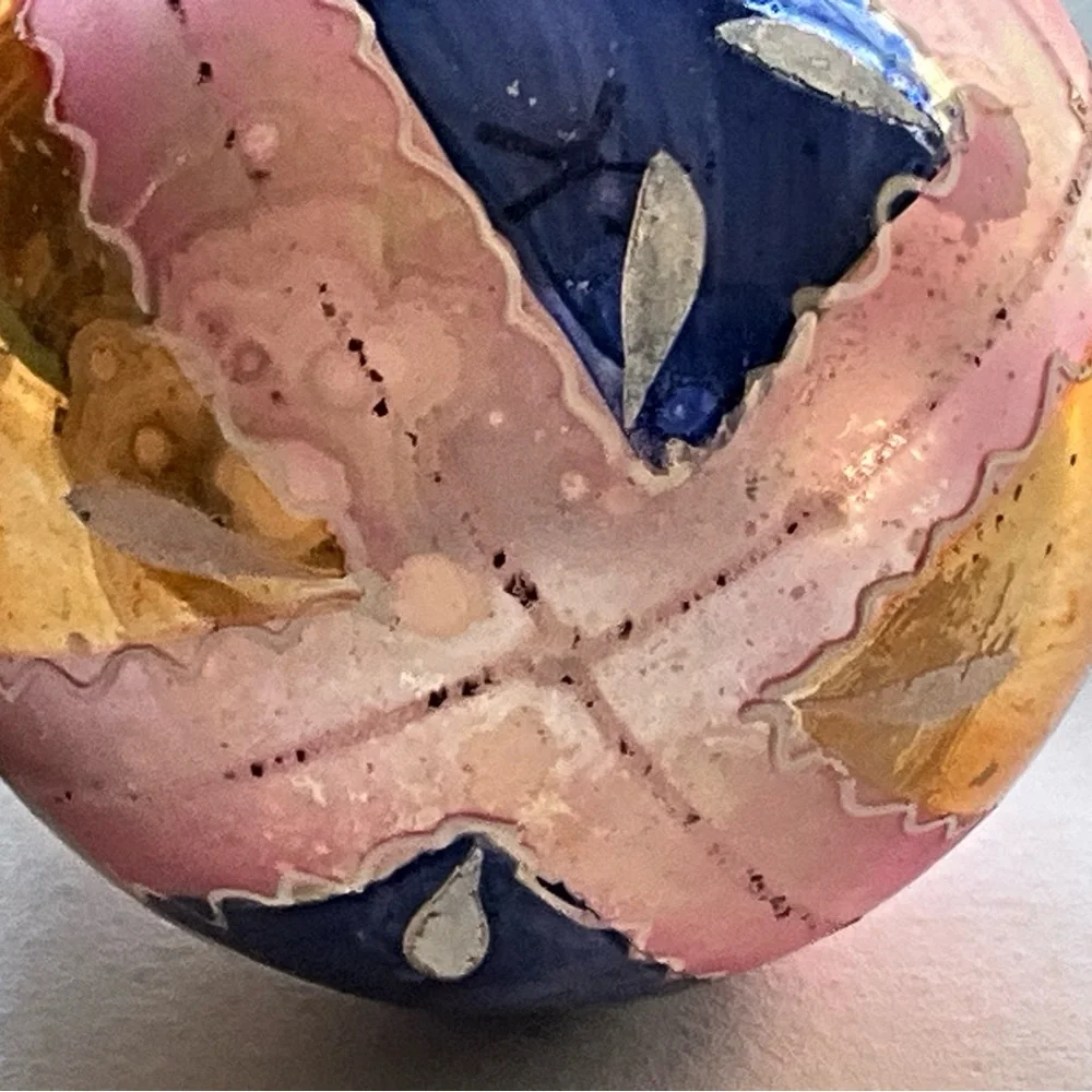 Vintage Mercury(?) Glass Christmas Ornament Hand Painted Blue and Pink